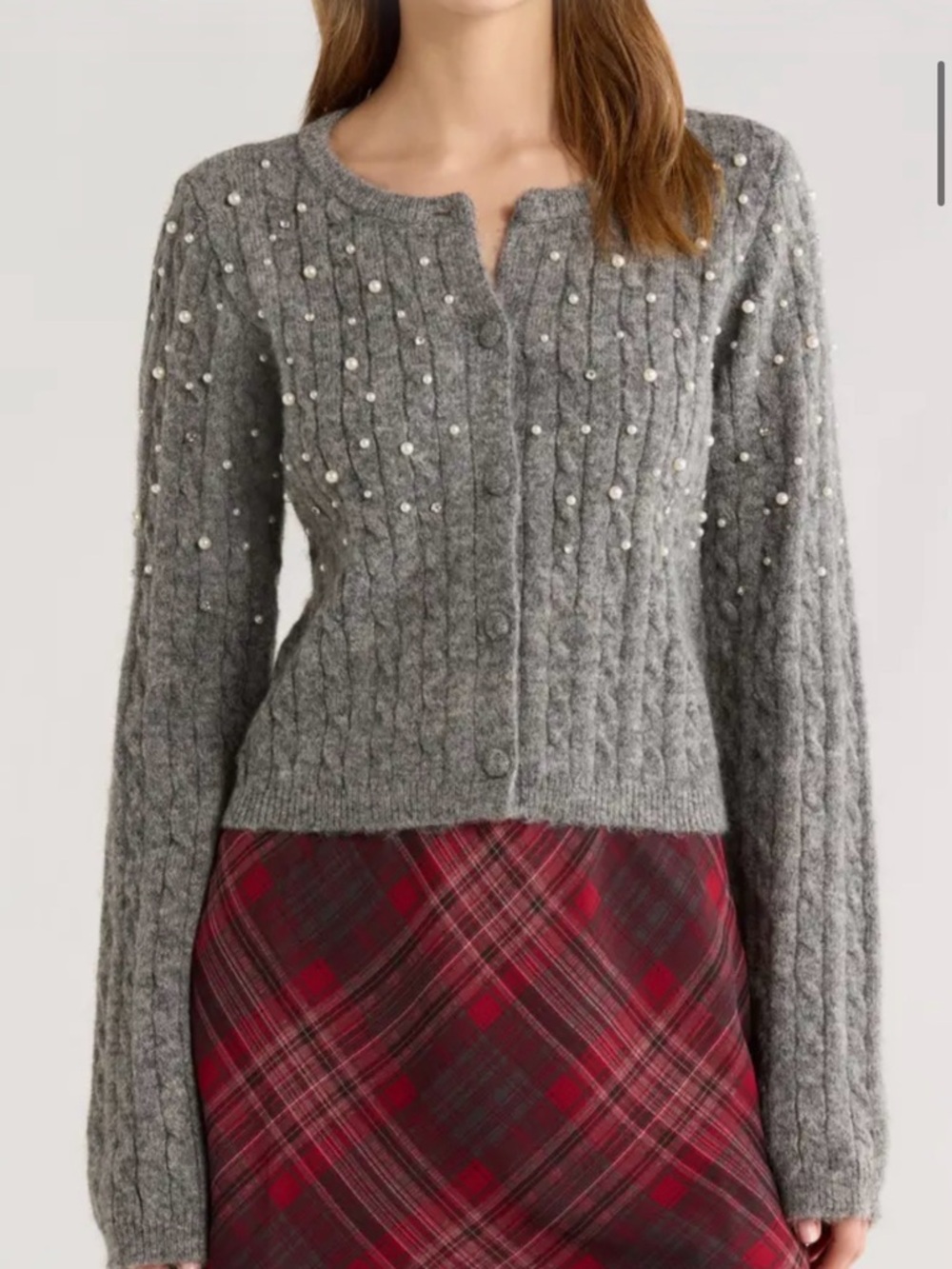 All in Favor Gray Pearl-Embellished Cable Knit Cardigan